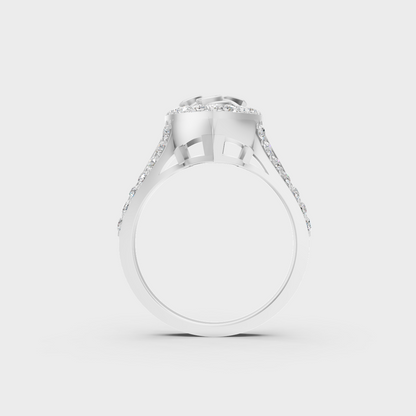 Front view of an Ethical Luxury Statement Ring with a Marquise and Round Brilliant Diamond secured in 14K White Gold.