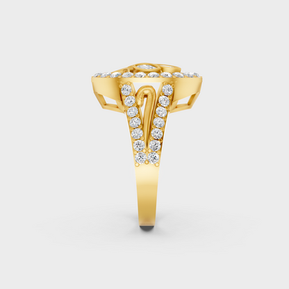 Top-down macro photo of a Sustainable 0.94 Carat Multi-Shape Diamond Ring set in classic 18K Yellow Gold.
