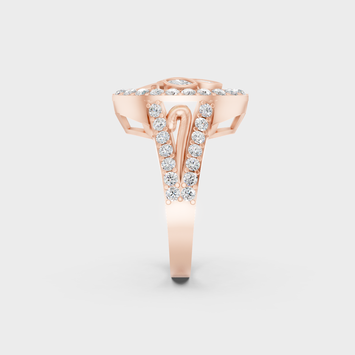 A Sustainable Lab-Created Diamond Statement Ring catching the light on a warm 18K Rose Gold Band.