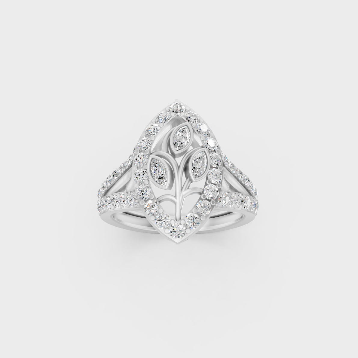 Exquisite prong details securing the Marquise and Round Cut Lab Diamonds on a polished 950 Platinum Band.