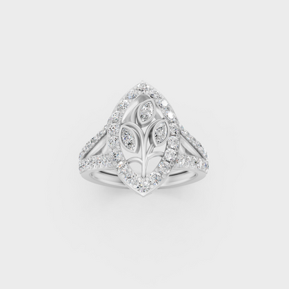 Exquisite prong details securing the Marquise and Round Cut Lab Diamonds on a polished 950 Platinum Band.