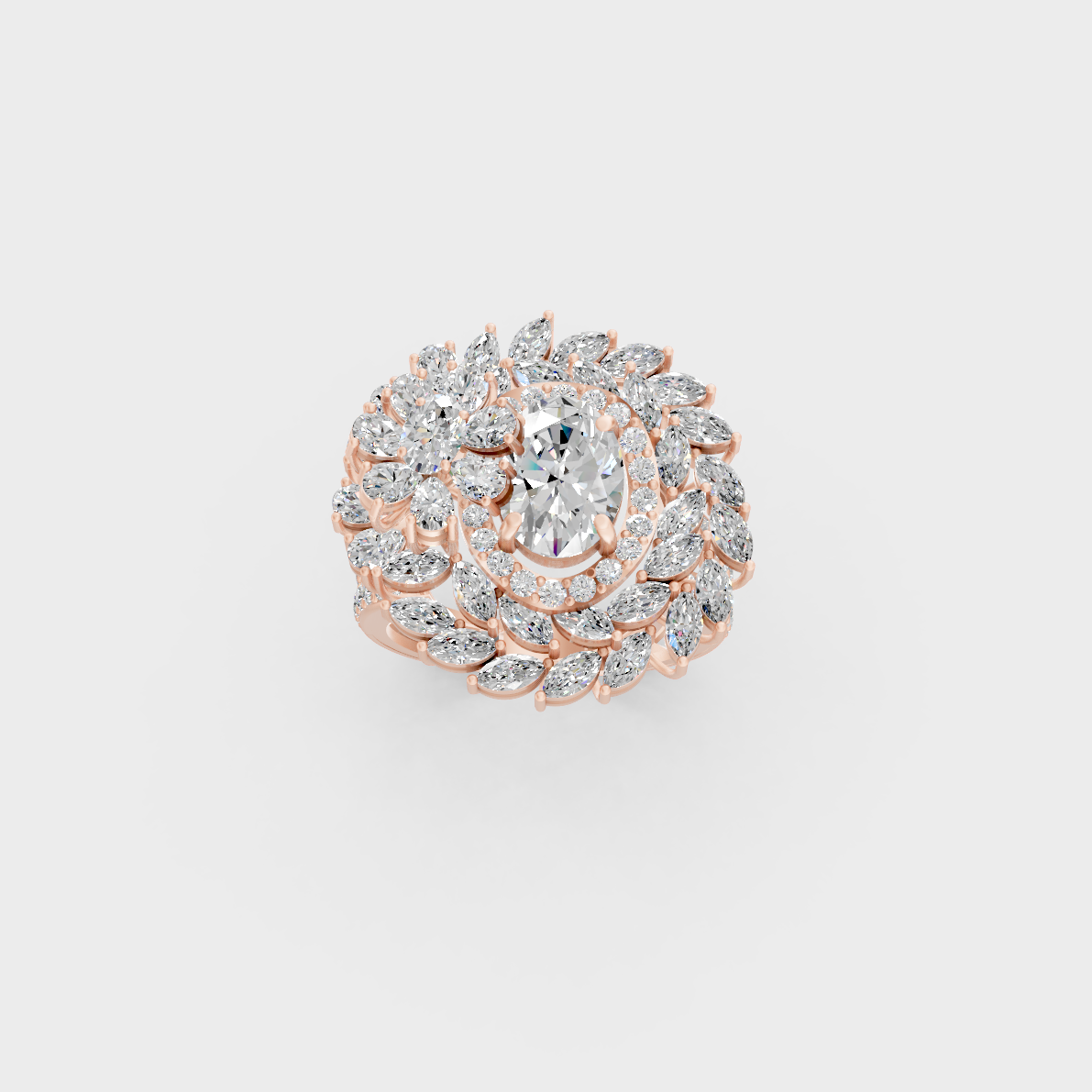 Gorgeous cluster of Marquise, Oval, Pear, and Round Cut Diamonds exuding Ethical Luxury on an 18K Rose Gold Band.