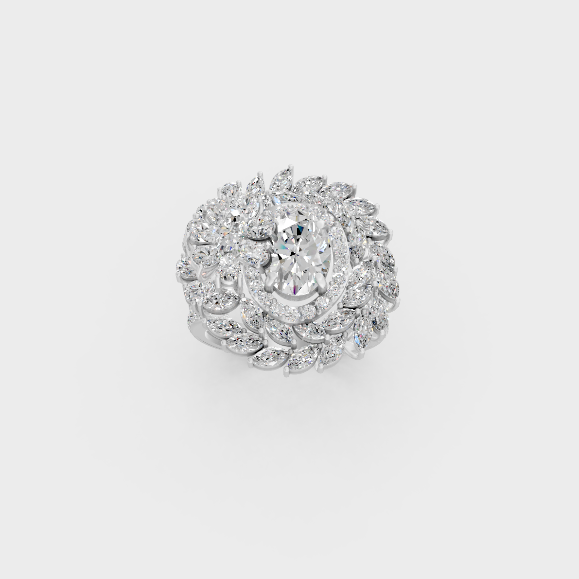Front view of an Ethical Luxury Statement Ring with Marquise, Oval, Pear, and Round Brilliant Diamonds secured in 14K White Gold.