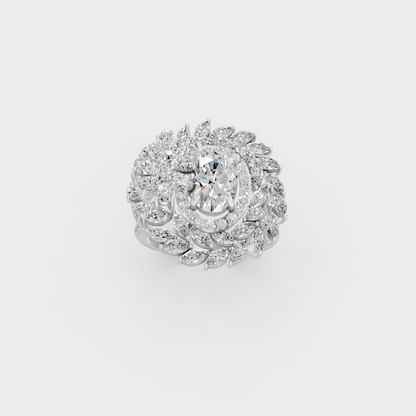 Front view of an Ethical Luxury Statement Ring with Marquise, Oval, Pear, and Round Brilliant Diamonds secured in 14K White Gold.
