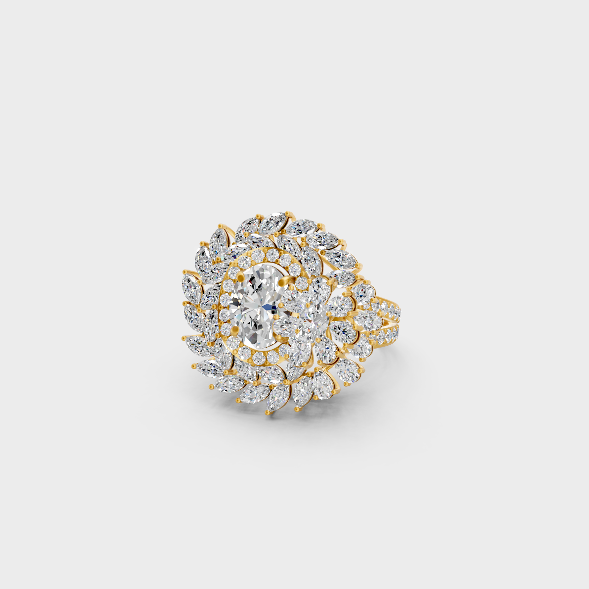 Close-up view of a 3.28 Carat Multishape Lab-Grown Diamond Cocktail Ring beautifully set in 14K Yellow Gold.