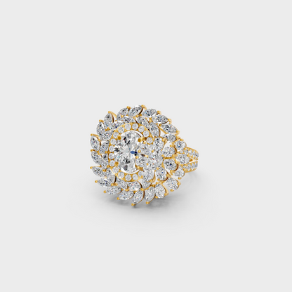 Close-up view of a 3.28 Carat Multishape Lab-Grown Diamond Cocktail Ring beautifully set in 14K Yellow Gold.