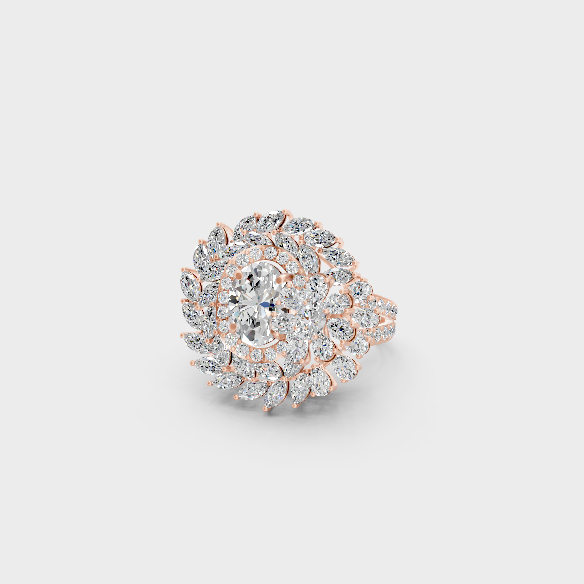 A romantic profile of the 3.28 Carat Multishape Lab-Grown Diamond Cocktail Ring in blush 14K Rose Gold.