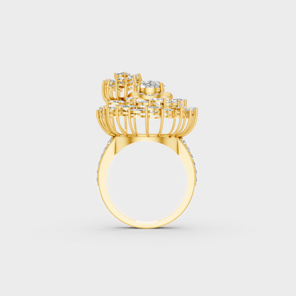 On-model hand wearing a 3.28ct Multishape Lab Diamond Cocktail Ring to show its Brilliant Sparkle in 9K Yellow Gold.
