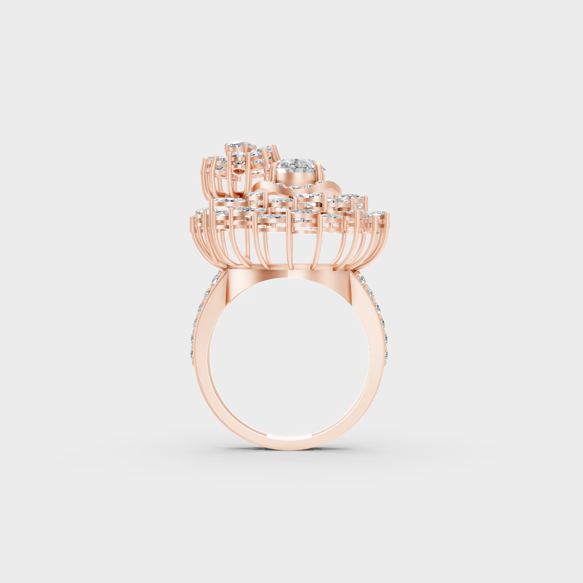 Top-down studio shot displaying the immense Brilliant Sparkle of a 3.28ct Multishape Diamond Ring in 9K Rose Gold.