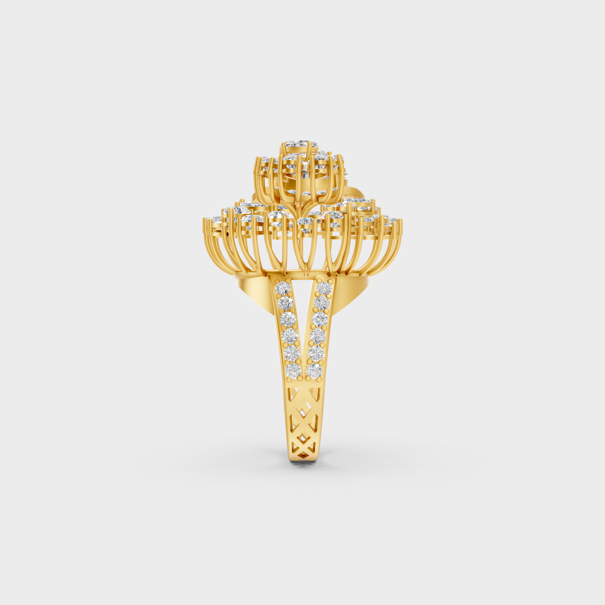 Top-down macro photo of an Ethical Luxury Mixed Shape Diamond Ring cast in classic 18K Yellow Gold.