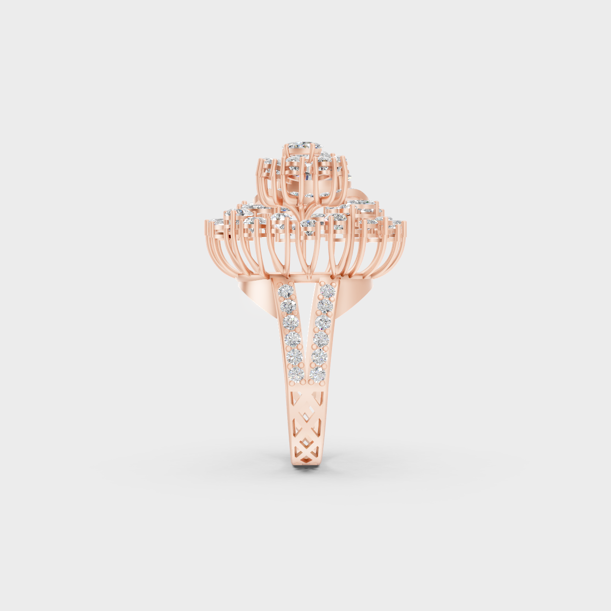 A Sustainable Lab-Created Diamond Statement Ring catching the light on a warm 18K Rose Gold Setting.