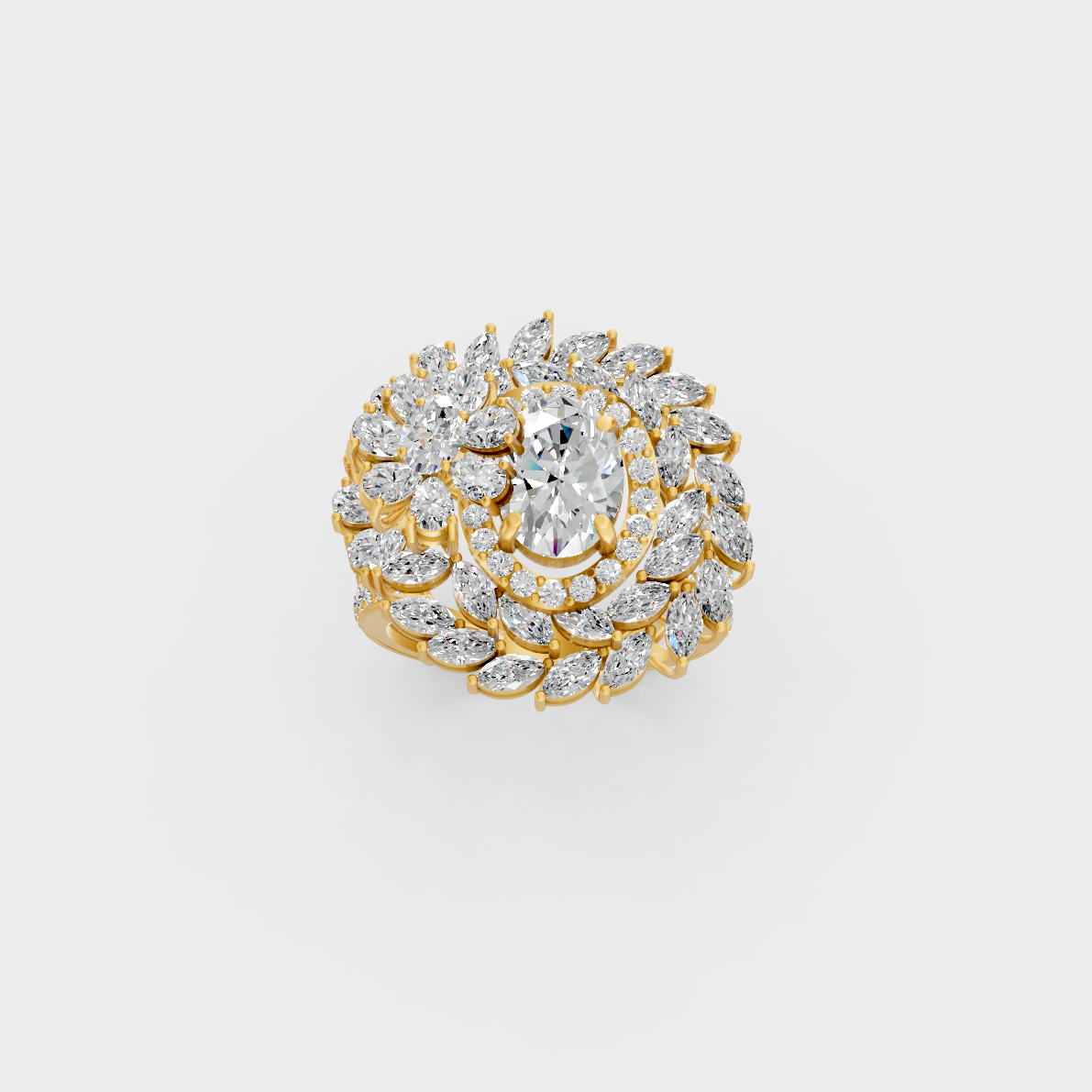 Side profile view of a Marquise, Oval, Pear, and Round Cut Statement Ring resting on an 18K Yellow Gold Band.