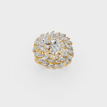 Side profile view of a Marquise, Oval, Pear, and Round Cut Statement Ring resting on an 18K Yellow Gold Band.