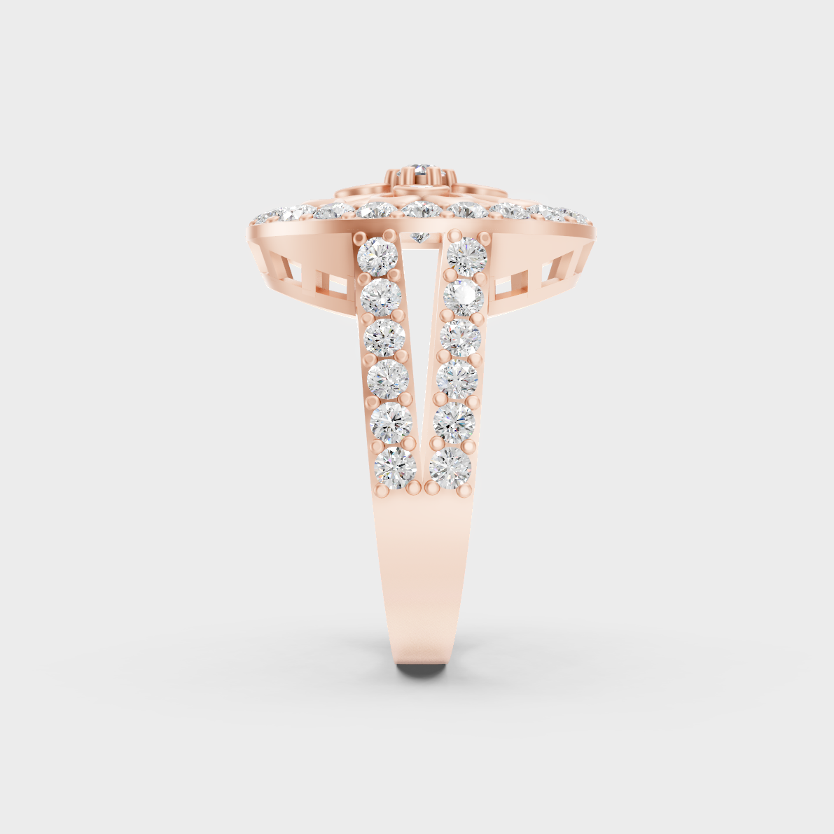 A Sustainable Lab-Created Diamond Statement Ring catching the light on a warm 18K Rose Gold Band.