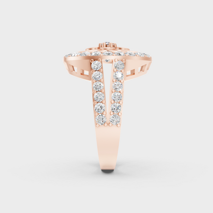 A Sustainable Lab-Created Diamond Statement Ring catching the light on a warm 18K Rose Gold Band.
