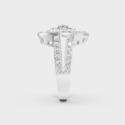Exquisite prong details securing a beautiful Round Cut Lab Diamond on a polished 950 Platinum Band.
