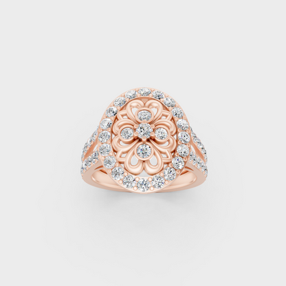 Stunning Round Brilliant Lab Diamond Cocktail Ring exhibiting Ethical Luxury on a 18K Rose Gold Band.