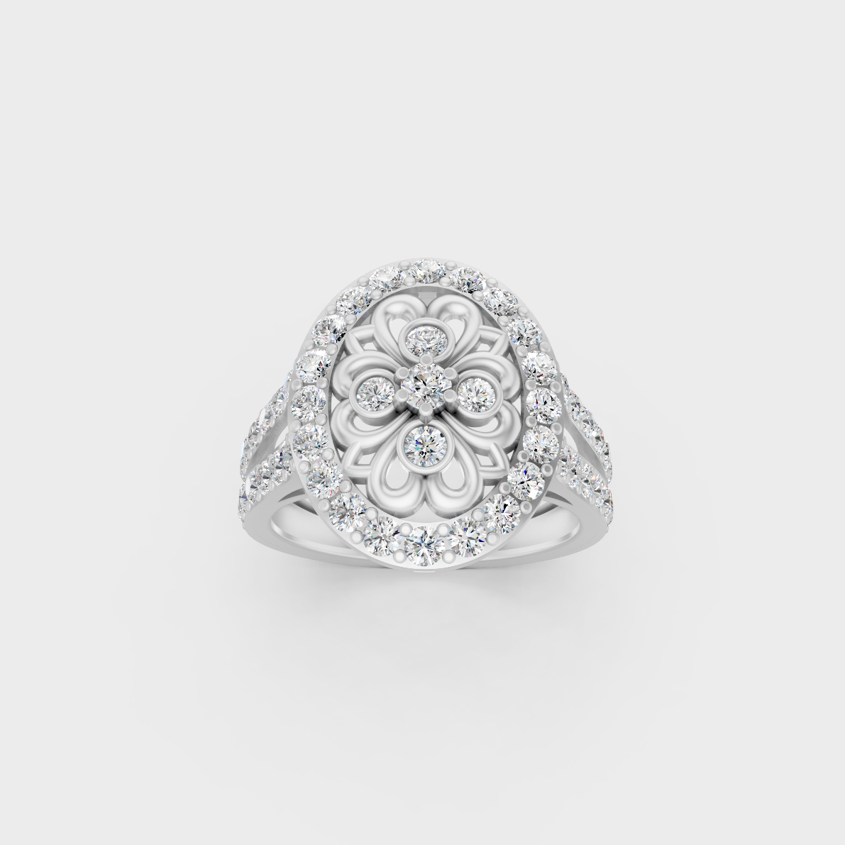 Front view of an Ethical Luxury Statement Ring with a Round Brilliant Diamond secured in 14K White Gold.