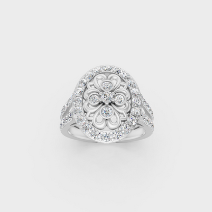 Front view of an Ethical Luxury Statement Ring with a Round Brilliant Diamond secured in 14K White Gold.