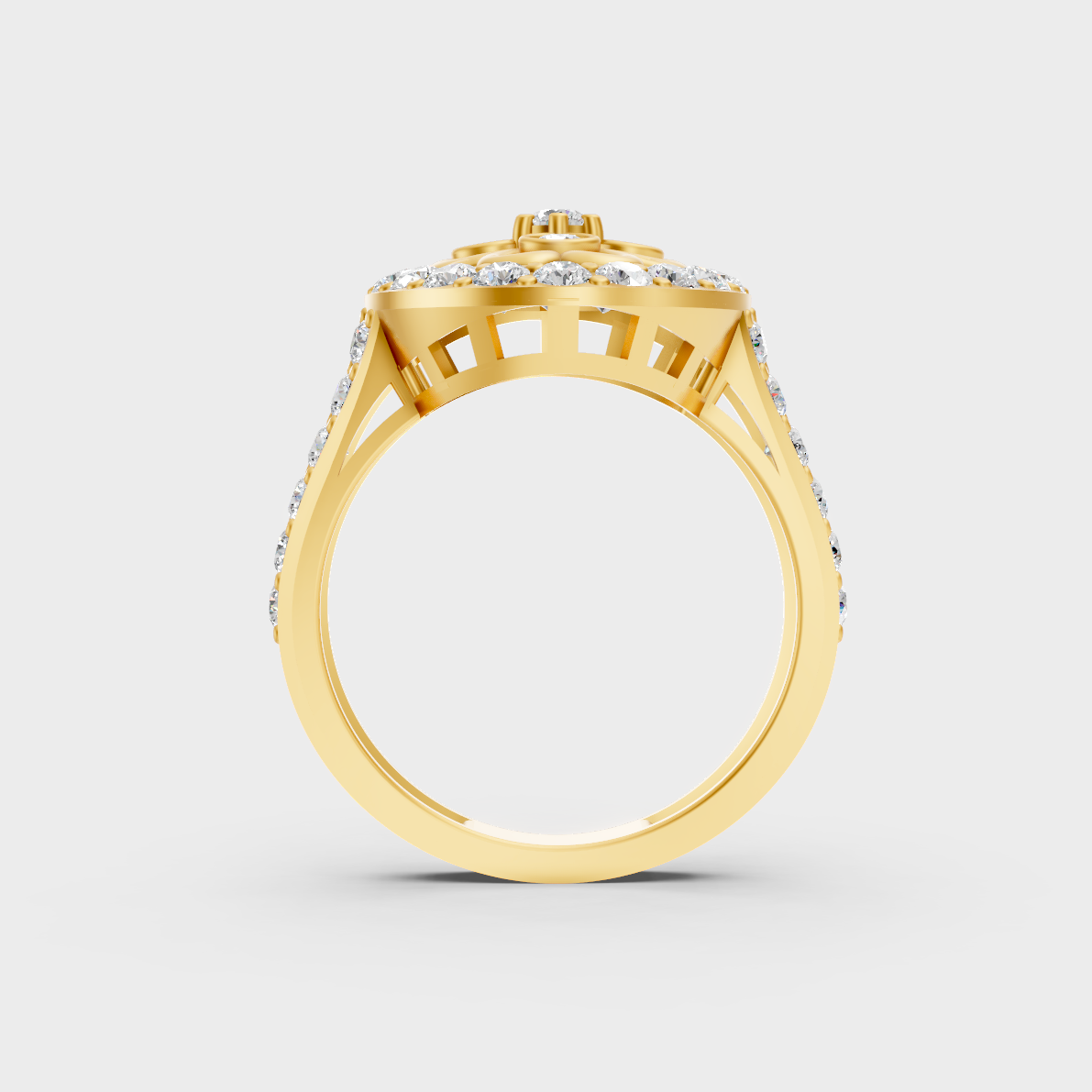 On-model hand wearing a 1.20ct Round Lab-Grown Diamond Cocktail Ring showing its Brilliant Sparkle in 9K Yellow Gold.