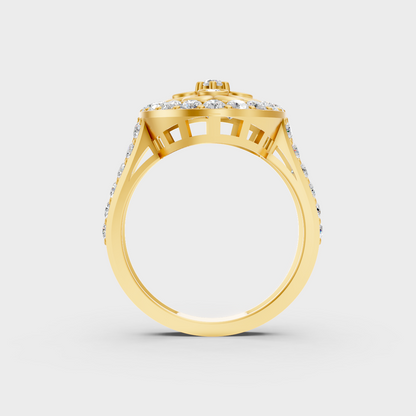On-model hand wearing a 1.20ct Round Lab-Grown Diamond Cocktail Ring showing its Brilliant Sparkle in 9K Yellow Gold.