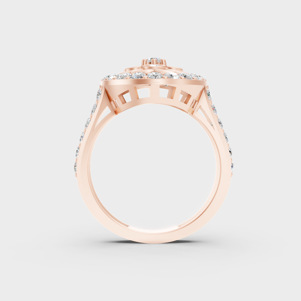 Top-down studio shot displaying the immense Brilliant Sparkle of a 1.20ct Round Diamond Ring in 9K Rose Gold.
