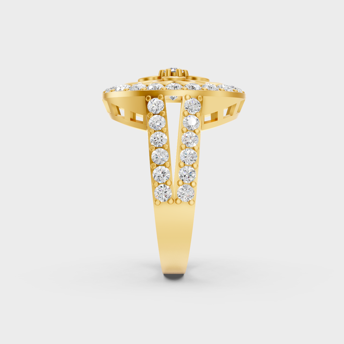 Top-down macro photo of a Sustainable 1.20 Carat Round Diamond Ring set in rich, classic 18K Yellow Gold.