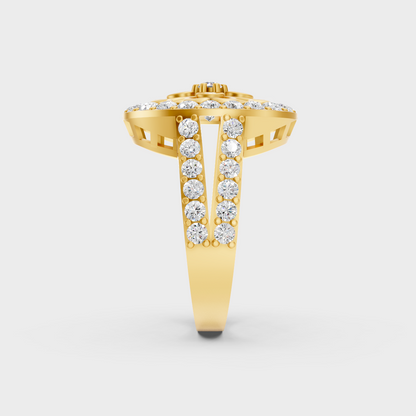 Top-down macro photo of a Sustainable 1.20 Carat Round Diamond Ring set in rich, classic 18K Yellow Gold.