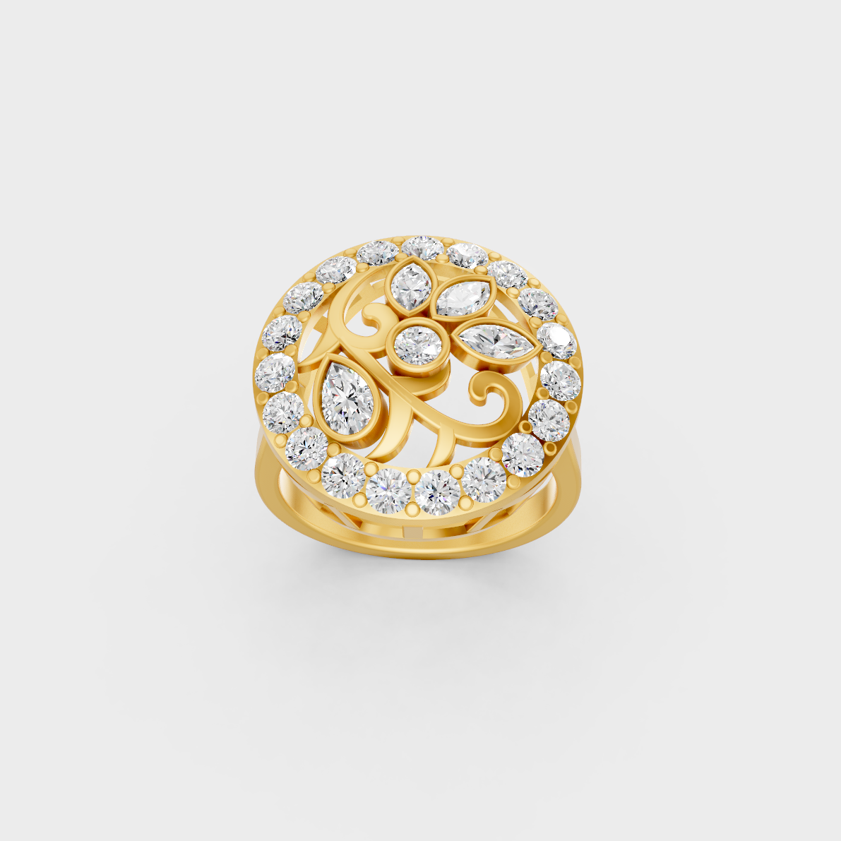 Side profile view of a Marquise, Pear, and Round Cut Statement Ring resting on an 18K Yellow Gold Band.