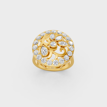 Side profile view of a Marquise, Pear, and Round Cut Statement Ring resting on an 18K Yellow Gold Band.