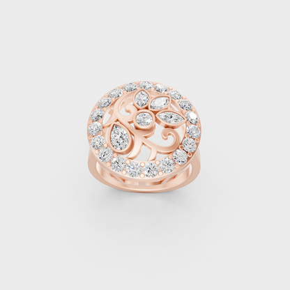 Gorgeous cluster of Marquise, Pear, and Round Cut Diamonds exuding Ethical Luxury on an 18K Rose Gold Band.