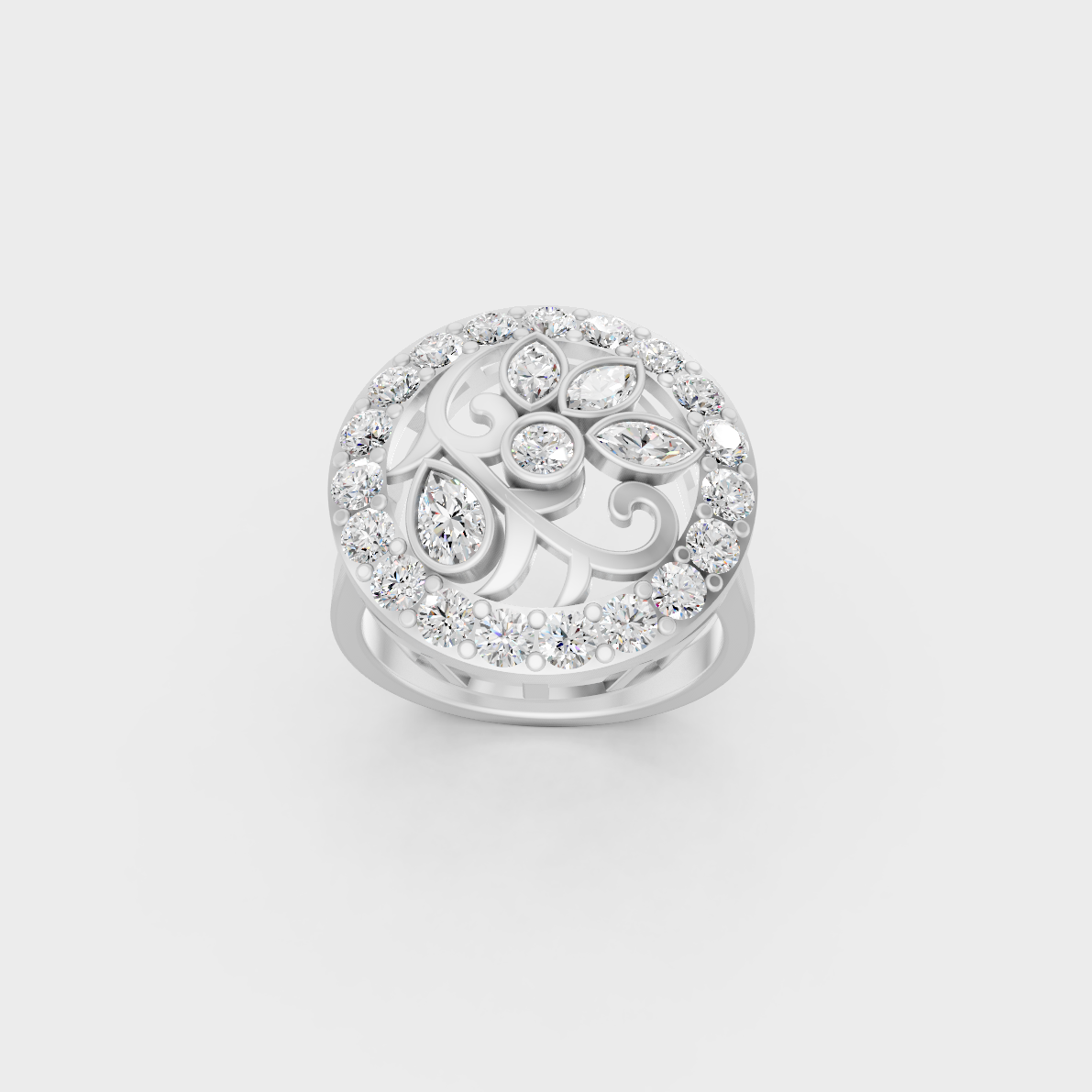 Front view of an Ethical Luxury Statement Ring with Marquise, Pear, and Round Brilliant Diamonds secured in 14K White Gold.