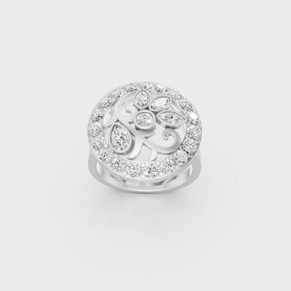 Front view of an Ethical Luxury Statement Ring with Marquise, Pear, and Round Brilliant Diamonds secured in 14K White Gold.