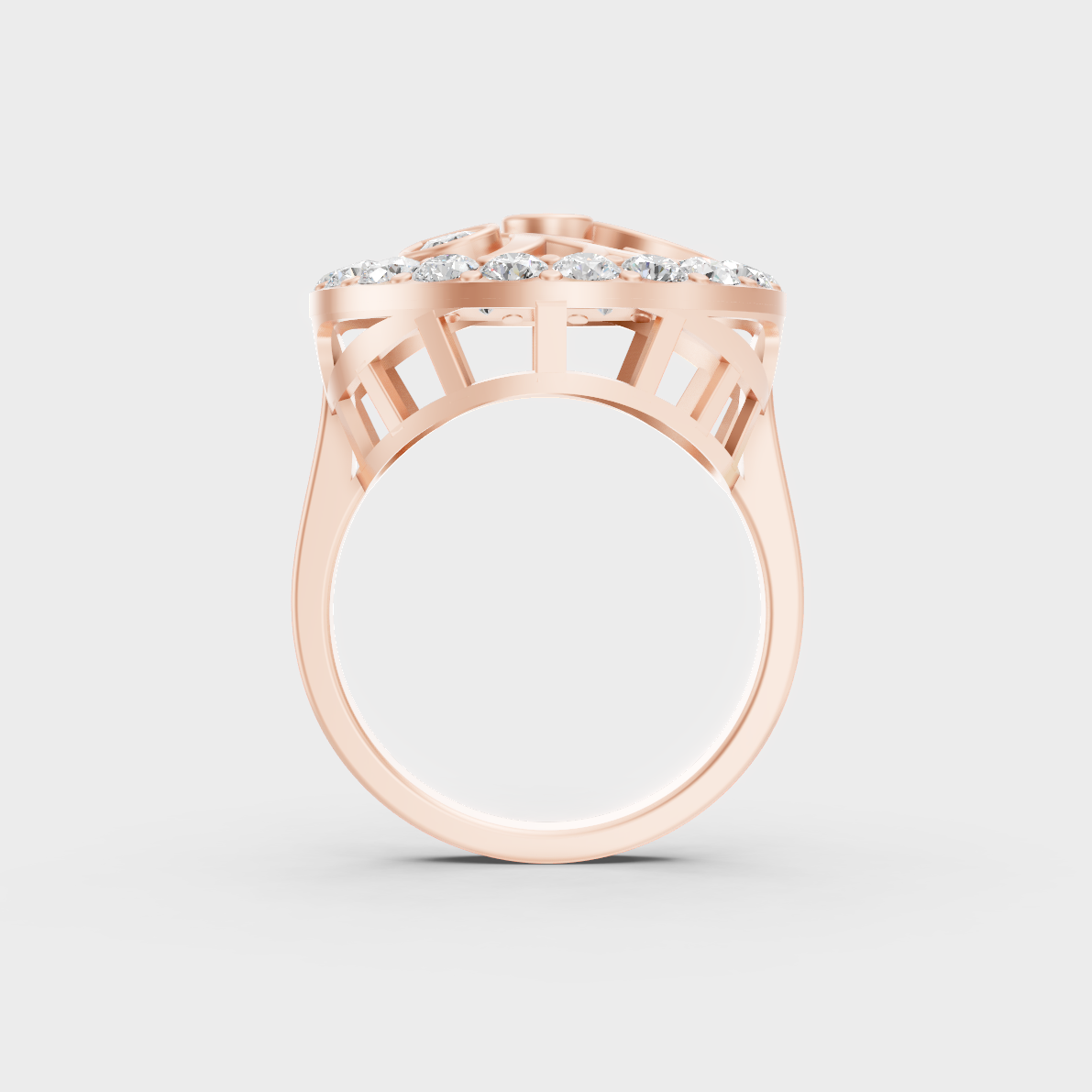 Top-down studio shot displaying the immense Brilliant Sparkle of a 1.39ct Multishape Diamond Ring in 9K Rose Gold.
