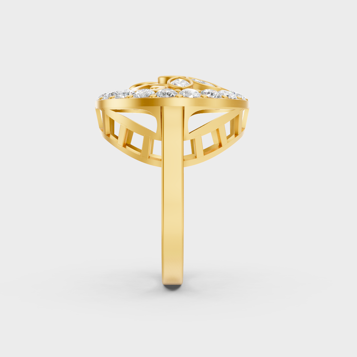 Top-down macro photo of an Ethical Luxury Mixed Shape Diamond Ring cast in classic 18K Yellow Gold.