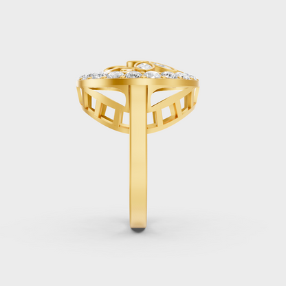 Top-down macro photo of an Ethical Luxury Mixed Shape Diamond Ring cast in classic 18K Yellow Gold.