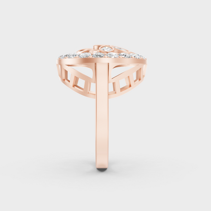 A Sustainable Lab-Created Diamond Statement Ring catching the light on a warm 18K Rose Gold Setting.