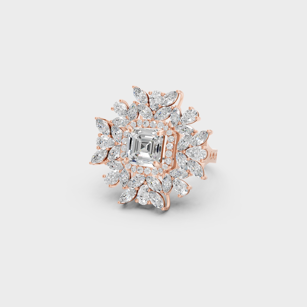 A romantic profile of the 3.47 Carat Multishape Lab-Grown Diamond Cocktail Ring in blush 14K Rose Gold.