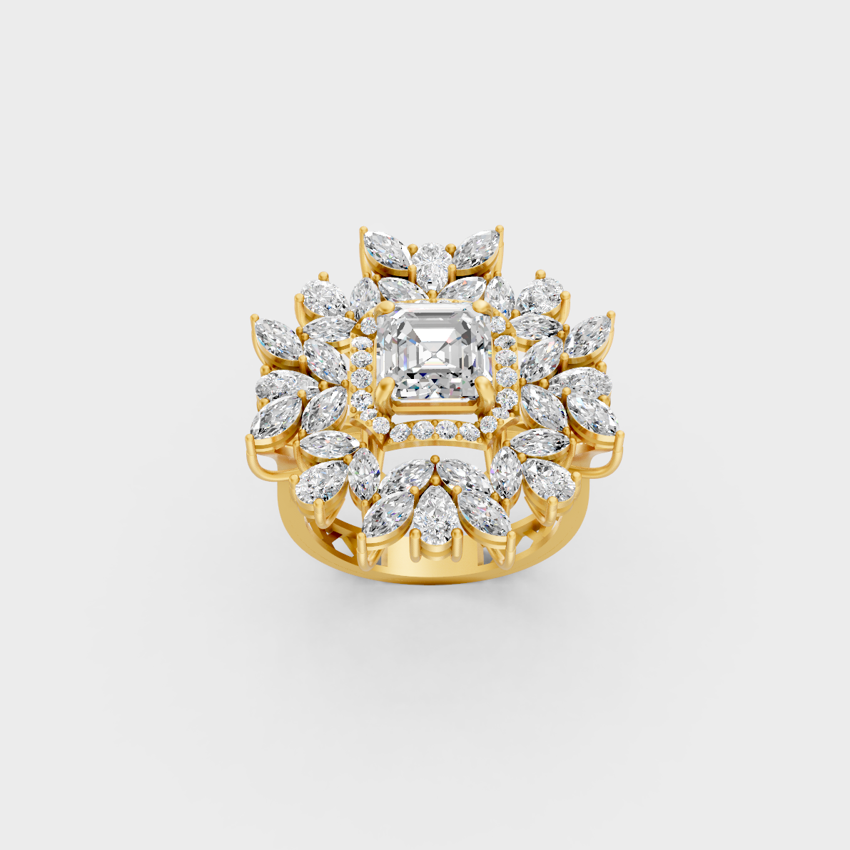 Side profile view of a Marquise, Asscher, Pear, and Round Cut Statement Ring resting on an 18K Yellow Gold Band.