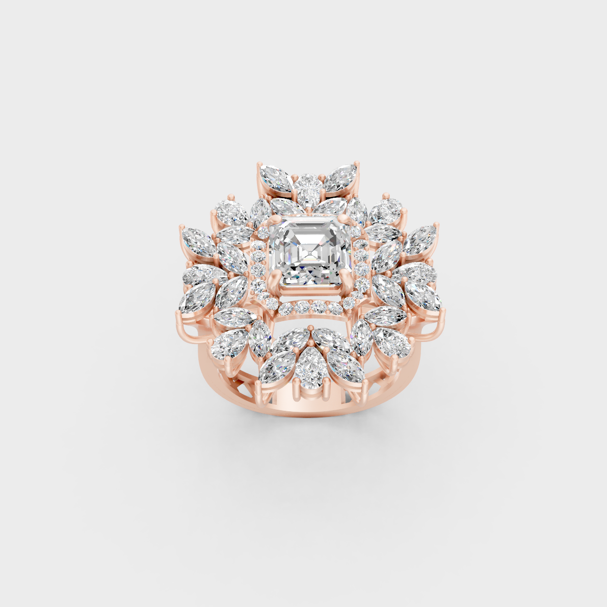 Gorgeous cluster of Marquise, Asscher, Pear, and Round Cut Diamonds exuding Ethical Luxury on an 18K Rose Gold Band.