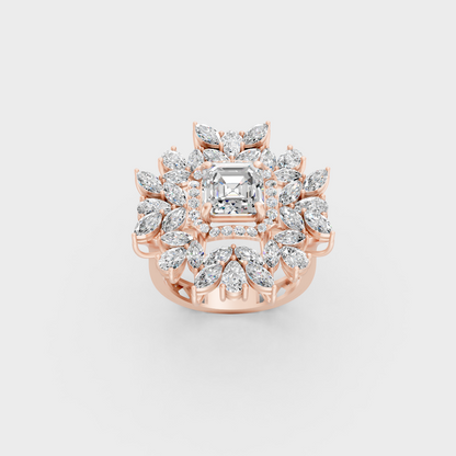 Gorgeous cluster of Marquise, Asscher, Pear, and Round Cut Diamonds exuding Ethical Luxury on an 18K Rose Gold Band.
