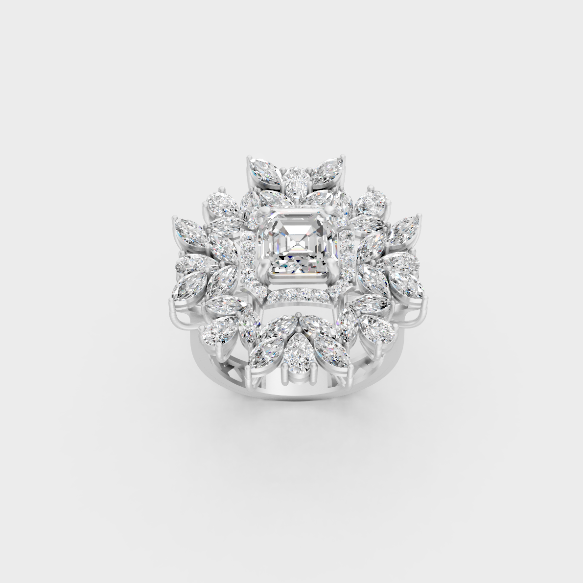 Front view of an Ethical Luxury Statement Ring with Marquise, Asscher, Pear, and Round Brilliant Diamonds secured in 14K White Gold.