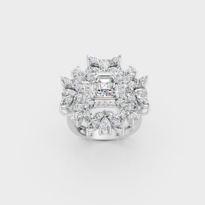 Front view of an Ethical Luxury Statement Ring with Marquise, Asscher, Pear, and Round Brilliant Diamonds secured in 14K White Gold.