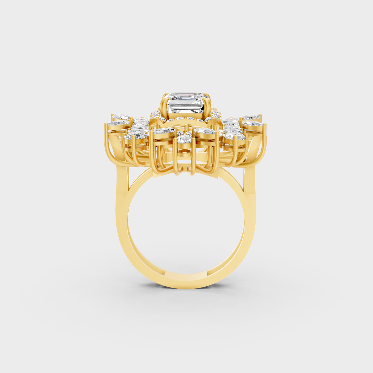 On-model hand wearing a 3.47ct Multishape Lab Diamond Cocktail Ring to show its Brilliant Sparkle in 9K Yellow Gold.