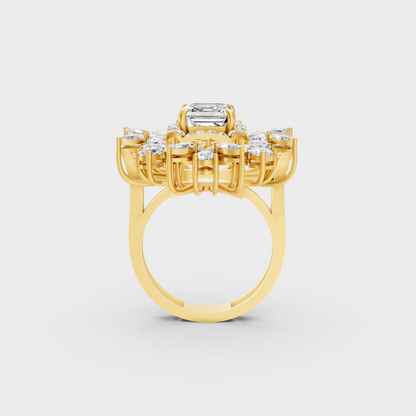 On-model hand wearing a 3.47ct Multishape Lab Diamond Cocktail Ring to show its Brilliant Sparkle in 9K Yellow Gold.