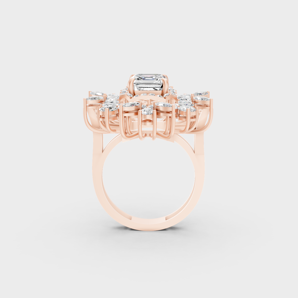 Top-down studio shot displaying the immense Brilliant Sparkle of a 3.47ct Multishape Diamond Ring in 9K Rose Gold.