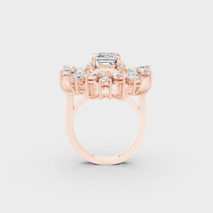 Top-down studio shot displaying the immense Brilliant Sparkle of a 3.47ct Multishape Diamond Ring in 9K Rose Gold.