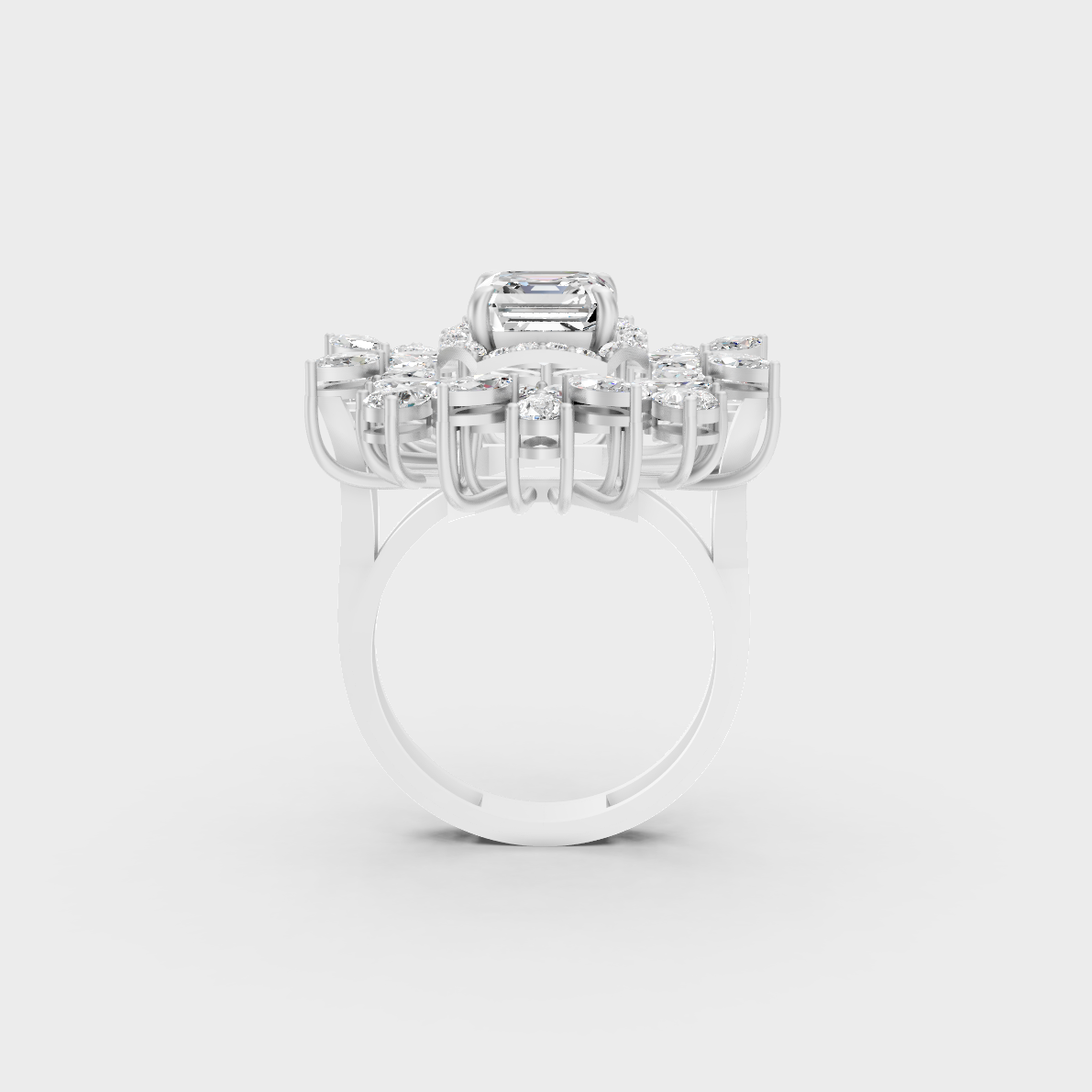 On-finger motion showing off the extraordinary fire and Brilliant Sparkle of a 3.47ct White Gold Cocktail Ring.