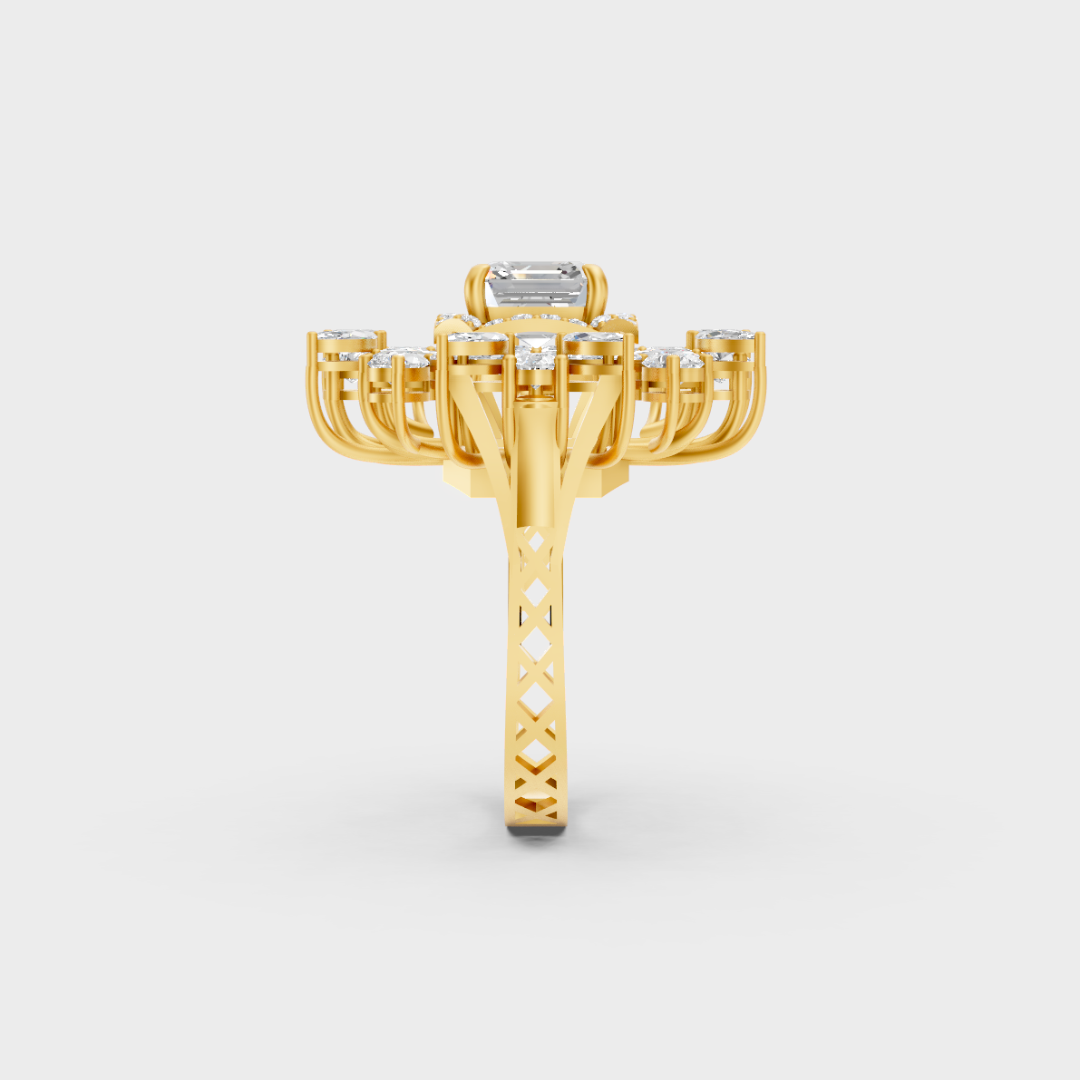 Top-down macro photo of an Ethical Luxury Mixed Shape Diamond Ring cast in classic 18K Yellow Gold.