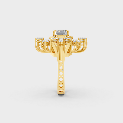 Top-down macro photo of an Ethical Luxury Mixed Shape Diamond Ring cast in classic 18K Yellow Gold.
